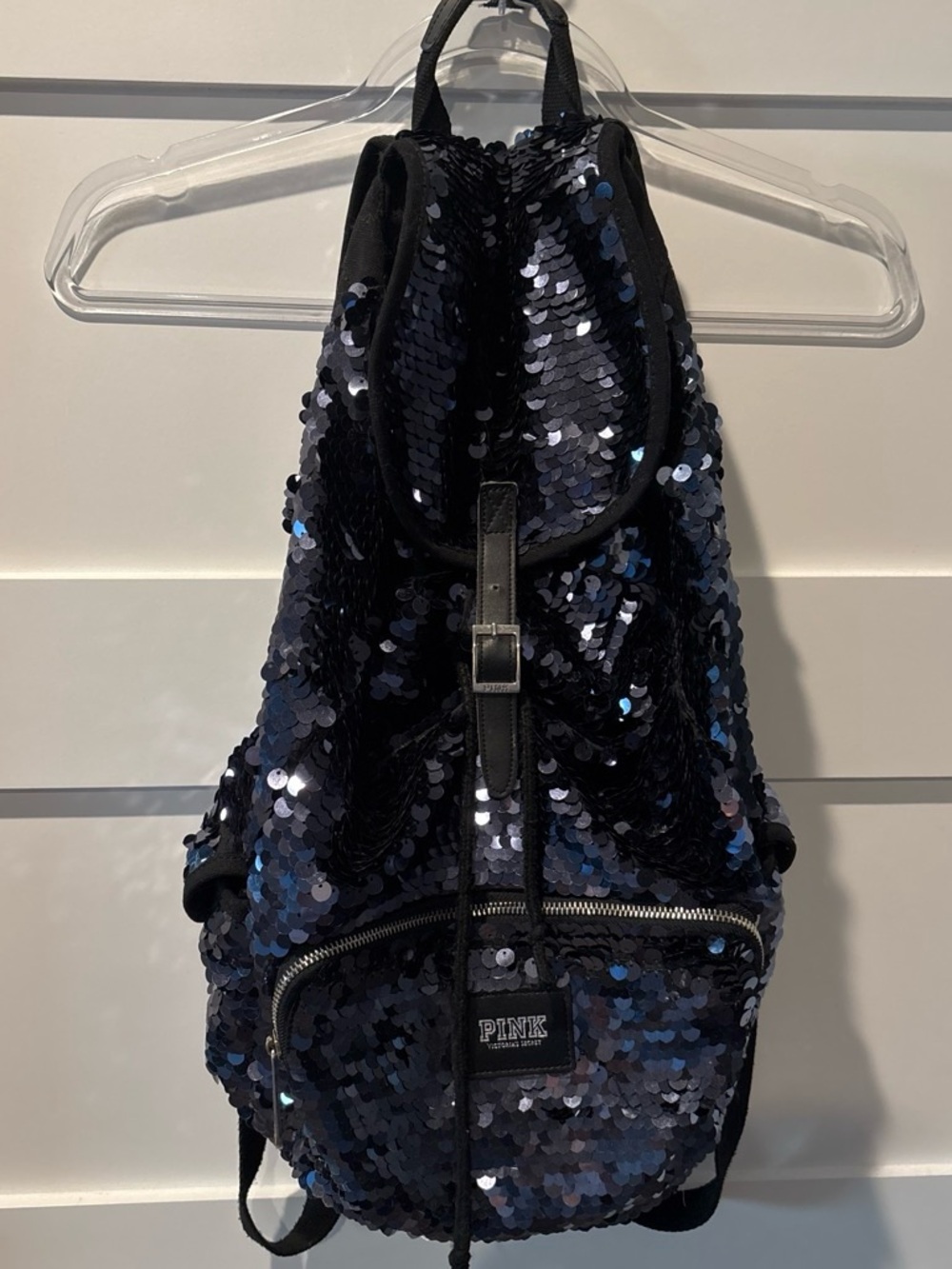 PINK Victoria's Secret Black and Blue Sequin Drawstring Backpack